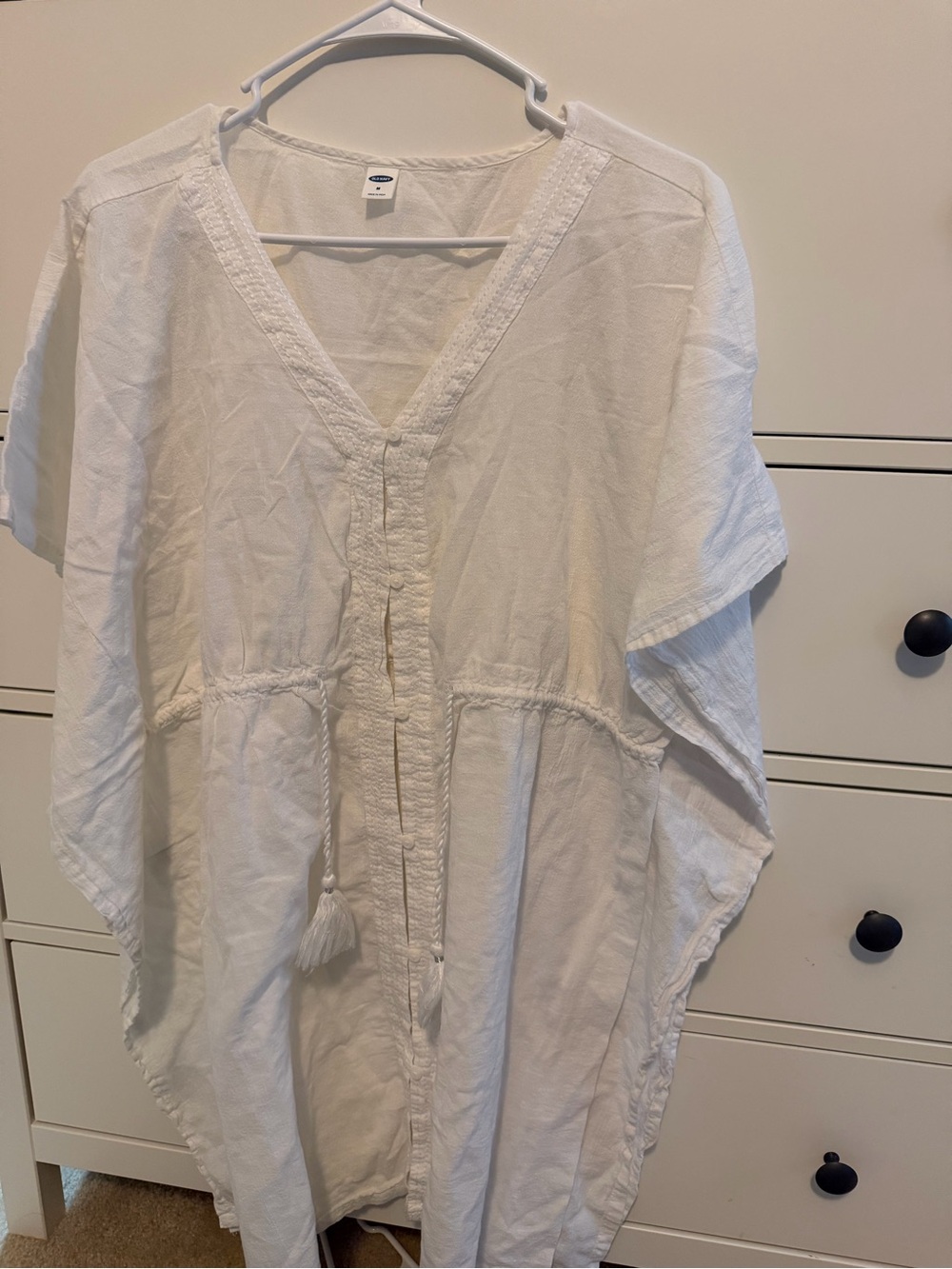 White womens V-Neck Tunic Shirt with Tassel Tie swim coverup